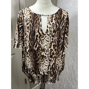 NWT INC Leopard Print Blouse Keyhole Neckline Smocked Waist Top XXL‎ Mob Wife